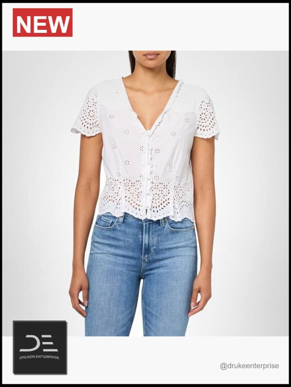 Women's Cotton Short Sleeve Button Front Top Scalloped Hem Eyelet Detail